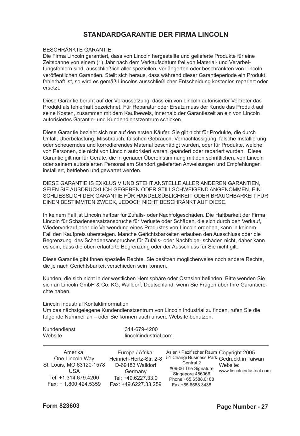 Standardgarantie der firma lincoln | Mityvac MVA6836 MASTER AUTO-REFILL KIT User Manual | Page 27 / 36
