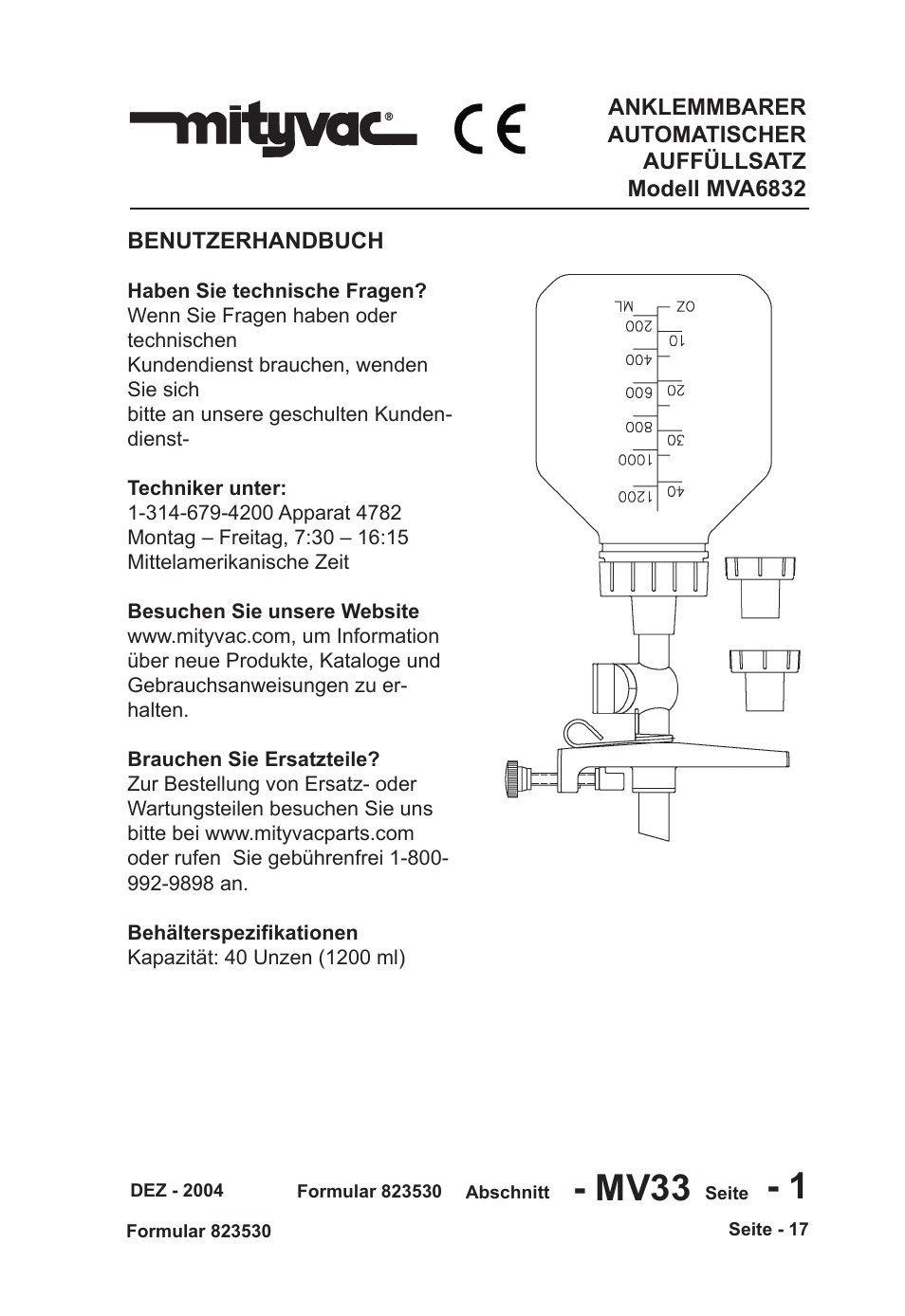 Mv33 - 1 | Mityvac MVA6832 CLAMP-ON AUTO-REFILL KIT User Manual | Page 17 / 32