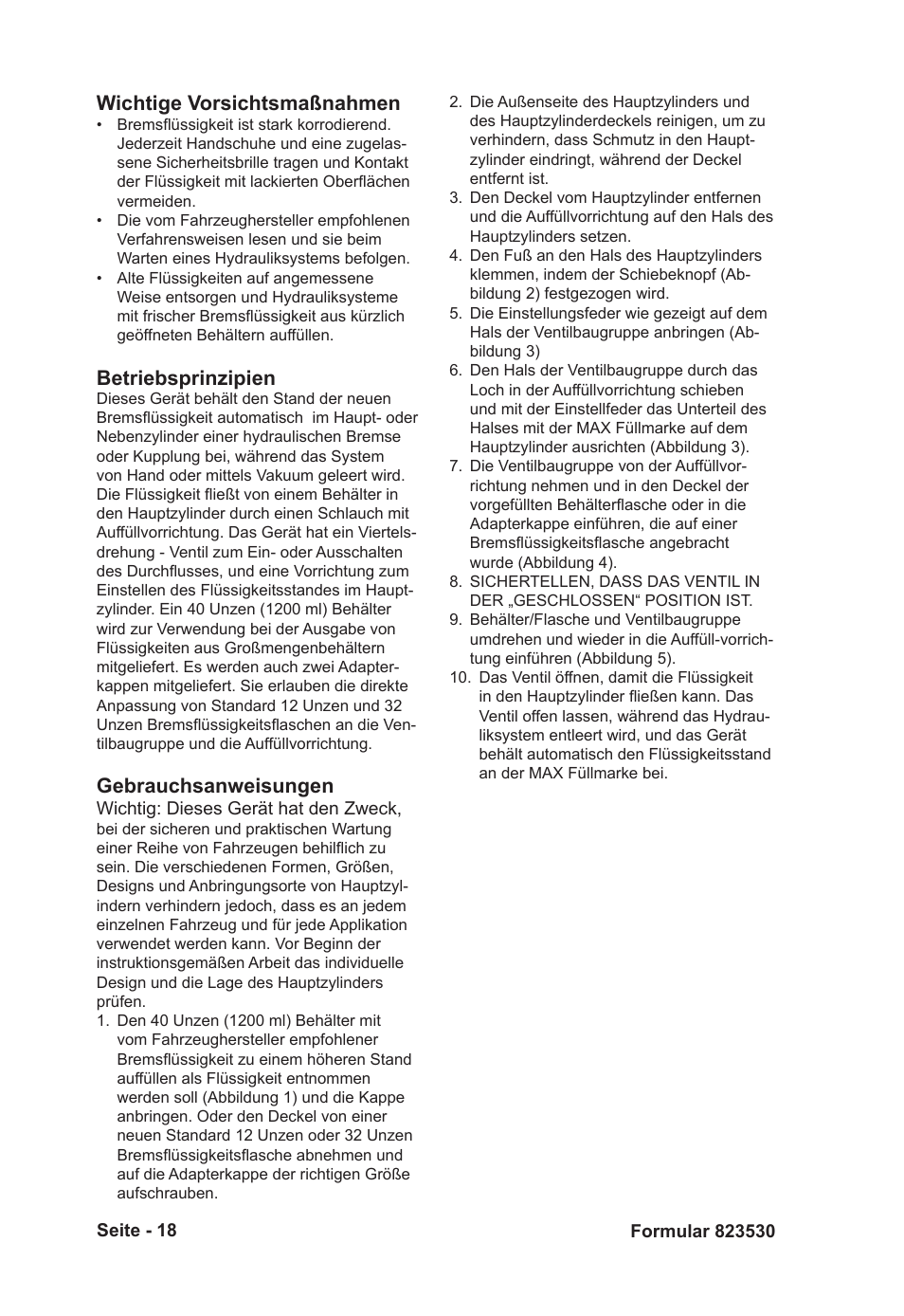 Wichtige vorsichtsmaßnahmen, Betriebsprinzipien, Gebrauchsanweisungen | Mityvac MVA6832 CLAMP-ON AUTO-REFILL KIT User Manual | Page 18 / 32
