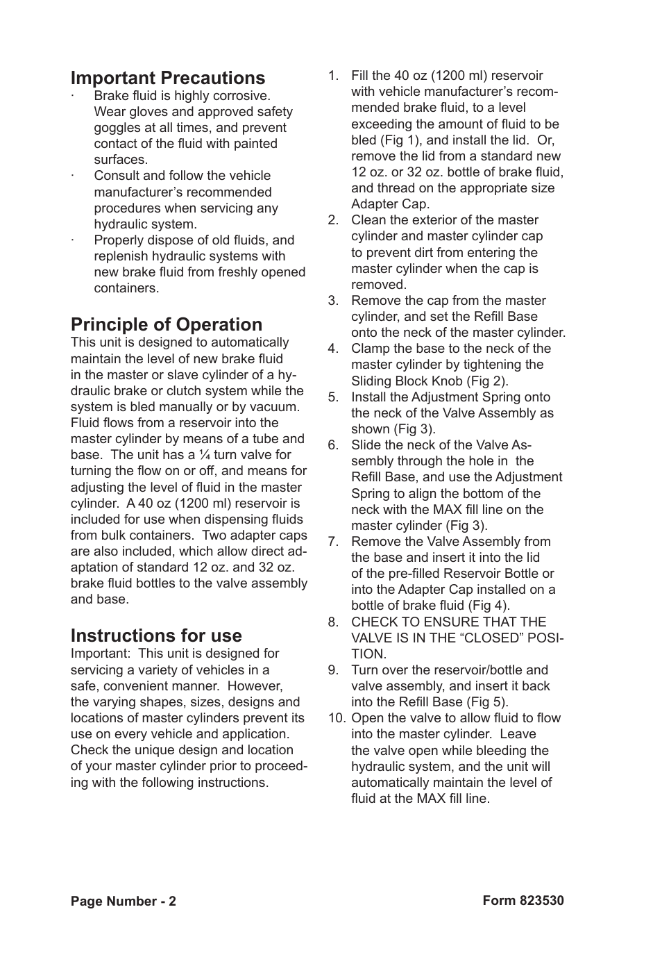 Important precautions, Principle of operation, Instructions for use | Mityvac MVA6832 CLAMP-ON AUTO-REFILL KIT User Manual | Page 2 / 32