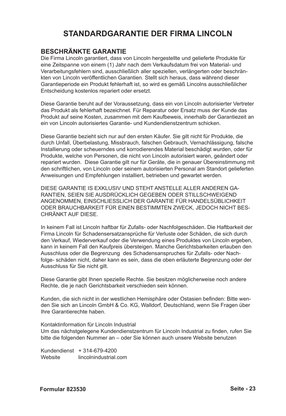 Standardgarantie der firma lincoln | Mityvac MVA6832 CLAMP-ON AUTO-REFILL KIT User Manual | Page 23 / 32