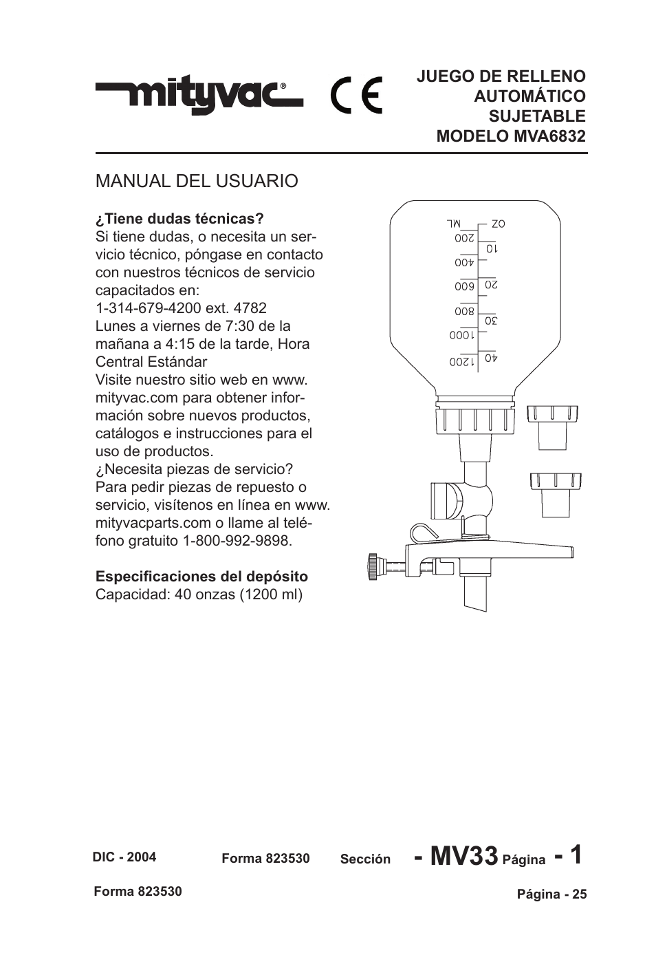 Mv33 - 1, Manual del usuario | Mityvac MVA6832 CLAMP-ON AUTO-REFILL KIT User Manual | Page 25 / 32