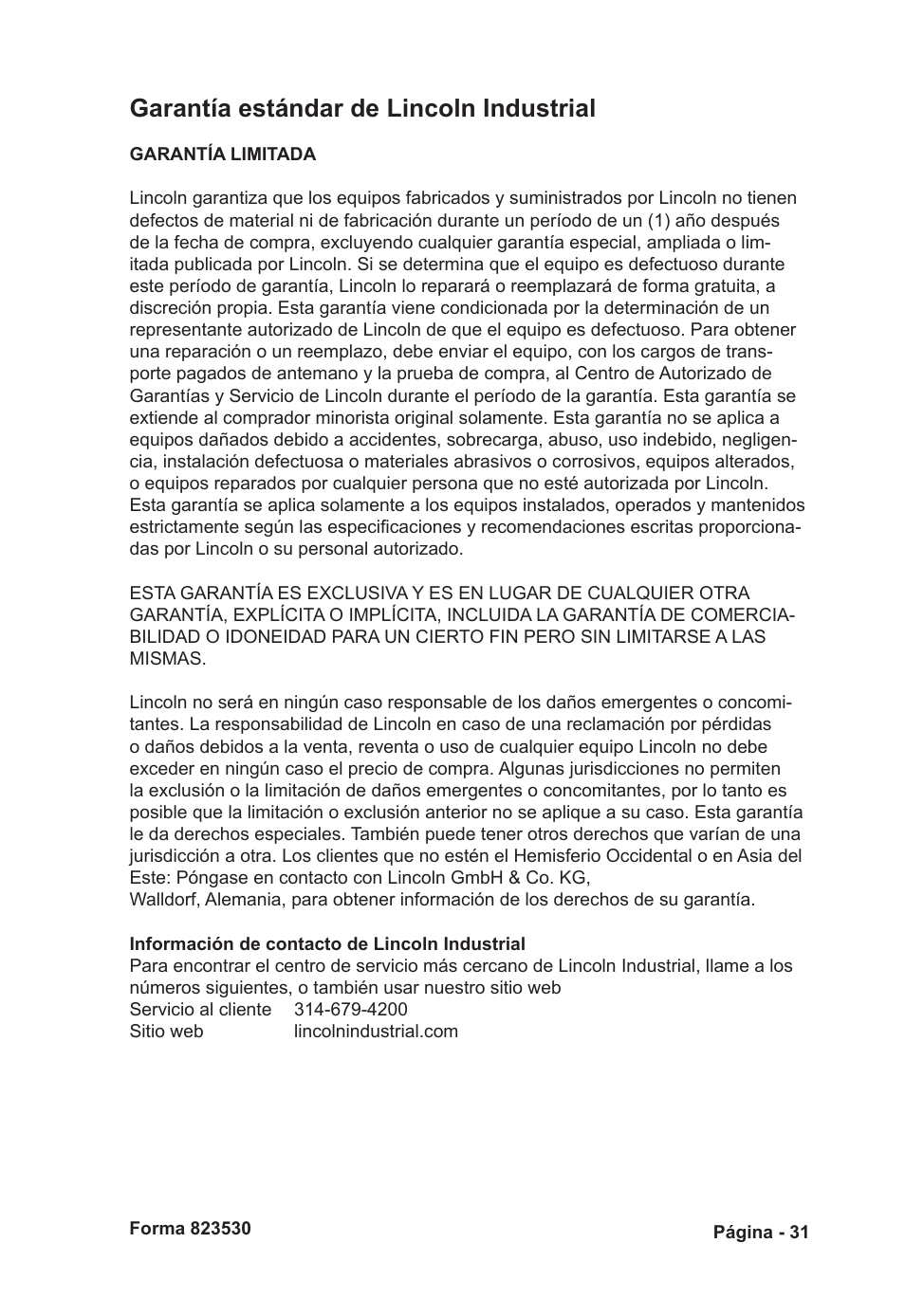 Garantía estándar de lincoln industrial | Mityvac MVA6832 CLAMP-ON AUTO-REFILL KIT User Manual | Page 31 / 32