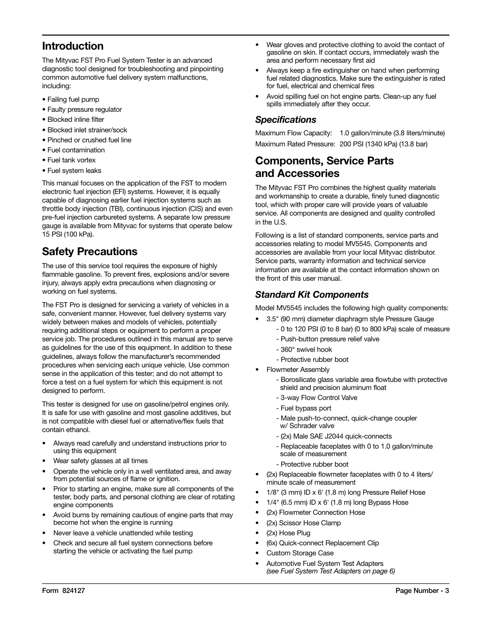 Introduction, Safety precautions, Components, service parts and accessories | Specifications, Standard kit components | Mityvac MV5545 FST PRO FUEL SYSTEM TESTER User Manual | Page 3 / 42