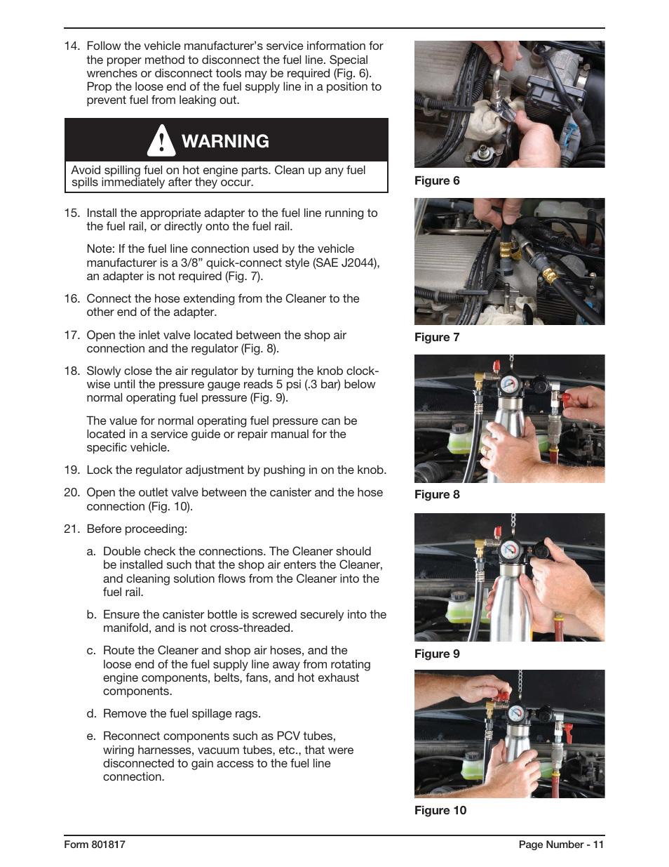 Warning | Mityvac MV5565 FUEL INJECTION CLEANER User Manual | Page 11 / 44