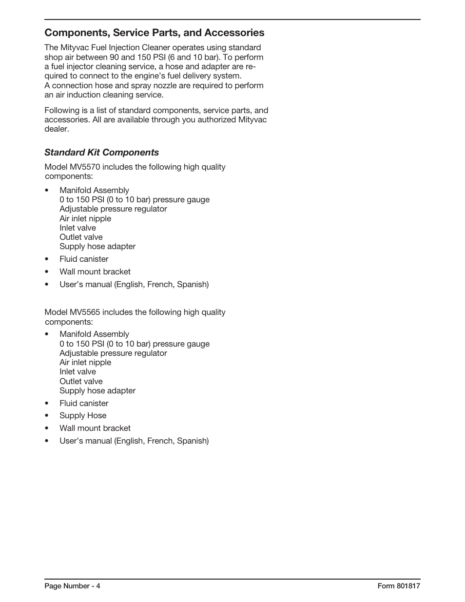 Components, service parts, and accessories | Mityvac MV5565 FUEL INJECTION CLEANER User Manual | Page 4 / 44