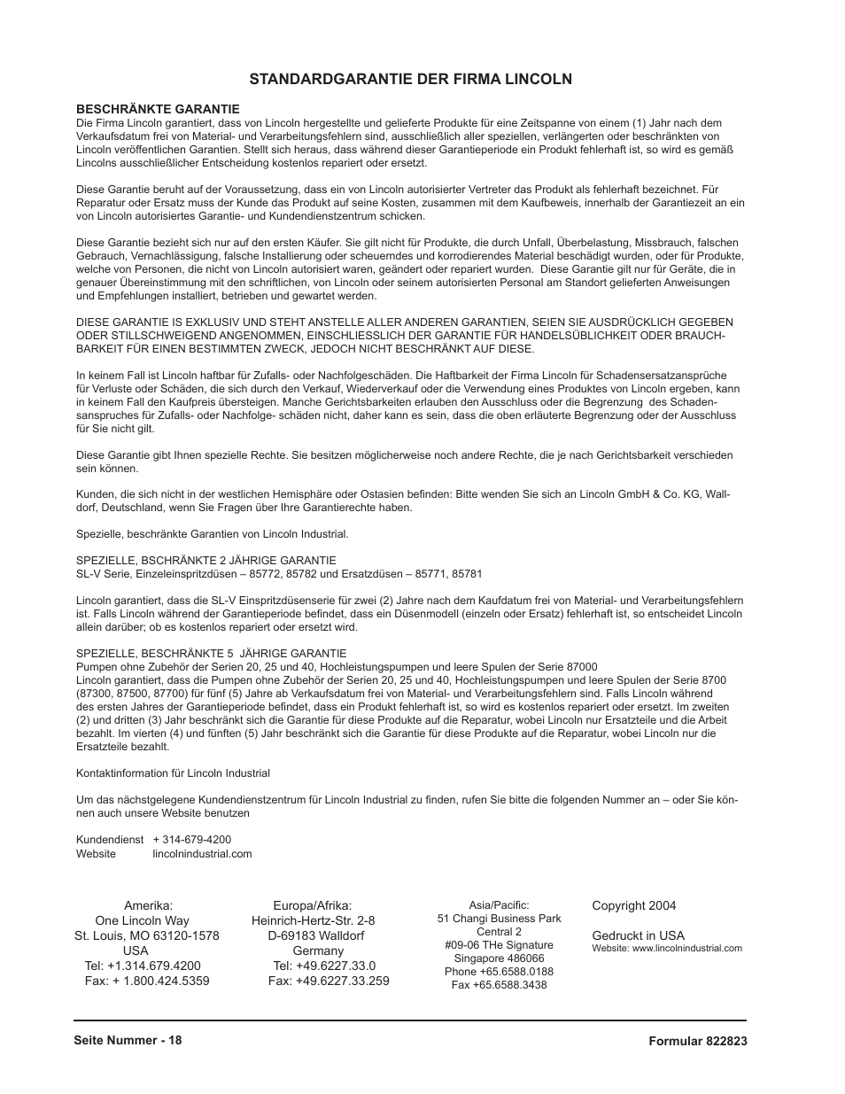 Standardgarantie der firma lincoln | Mityvac 07201 FLUID EVACUATOR PLUS User Manual | Page 18 / 24