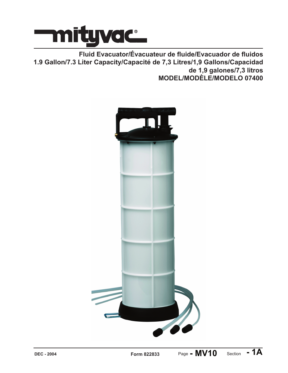 Mityvac 07400 Fluid Evacuator 1.9 Gallon_7.3 Liter Capacity User Manual | 16 pages