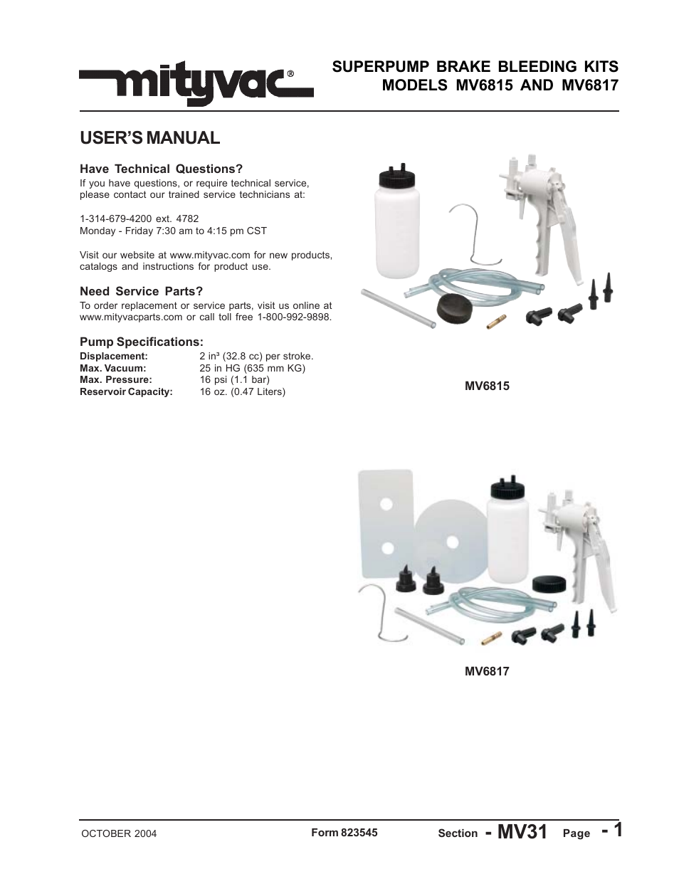 Mityvac MV6817 SUPERPUMP BRAKE BLEEDING KITS User Manual | 17 pages