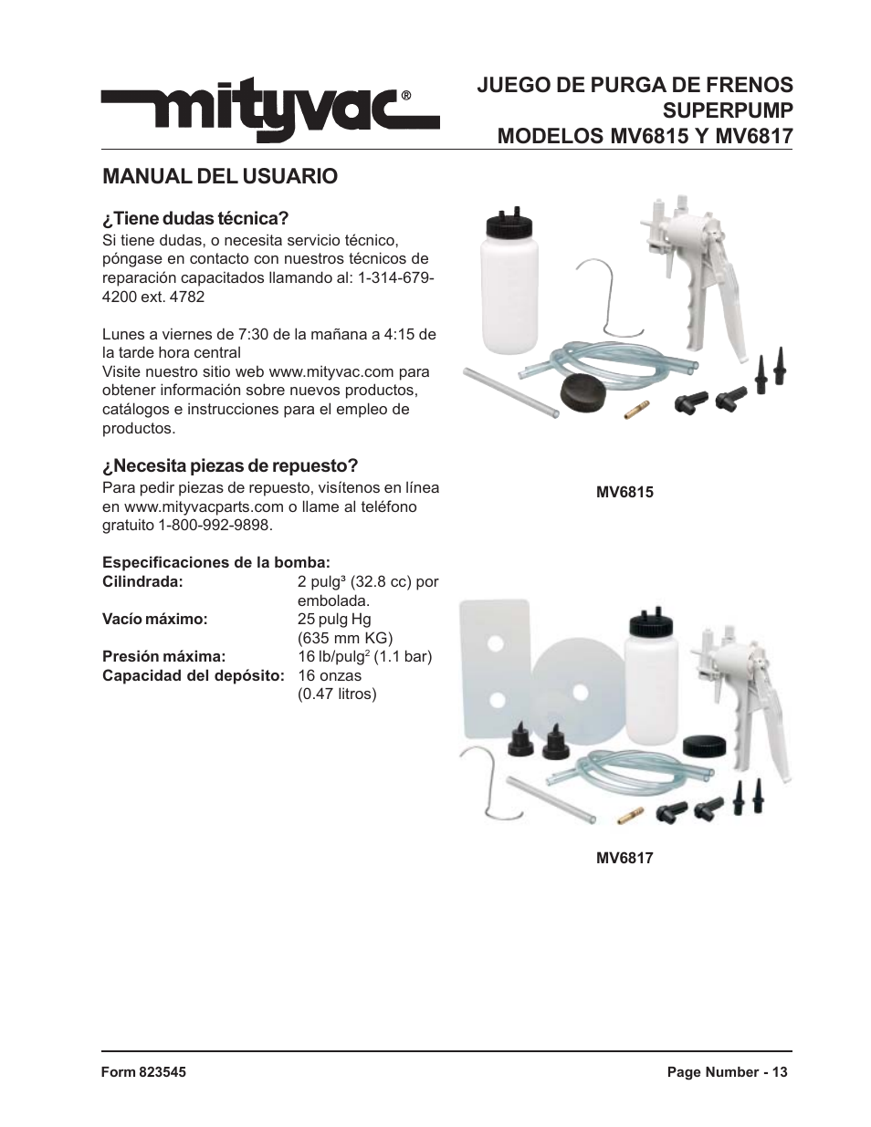 Mityvac MV6817 SUPERPUMP BRAKE BLEEDING KITS User Manual | Page 13 / 17