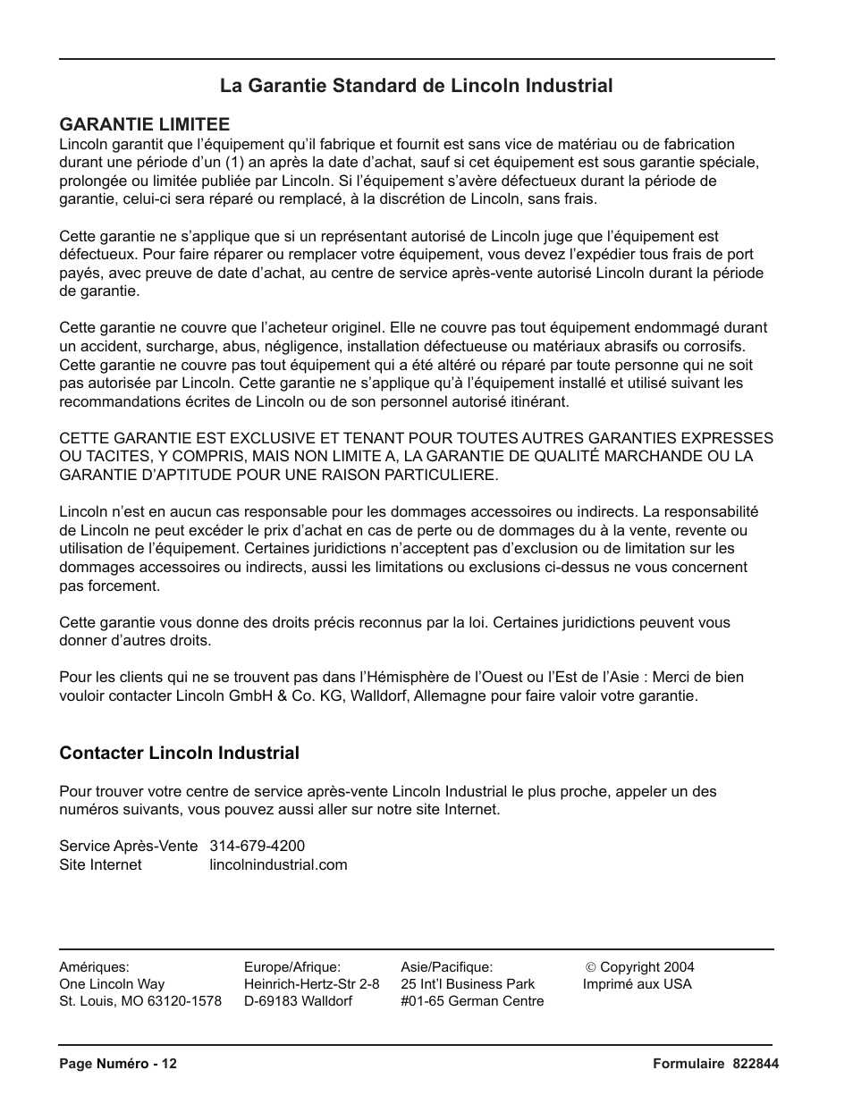 La garantie standard de lincoln industrial | Mityvac MV6830 VACUUM BRAKE BLEEDER User Manual | Page 12 / 24