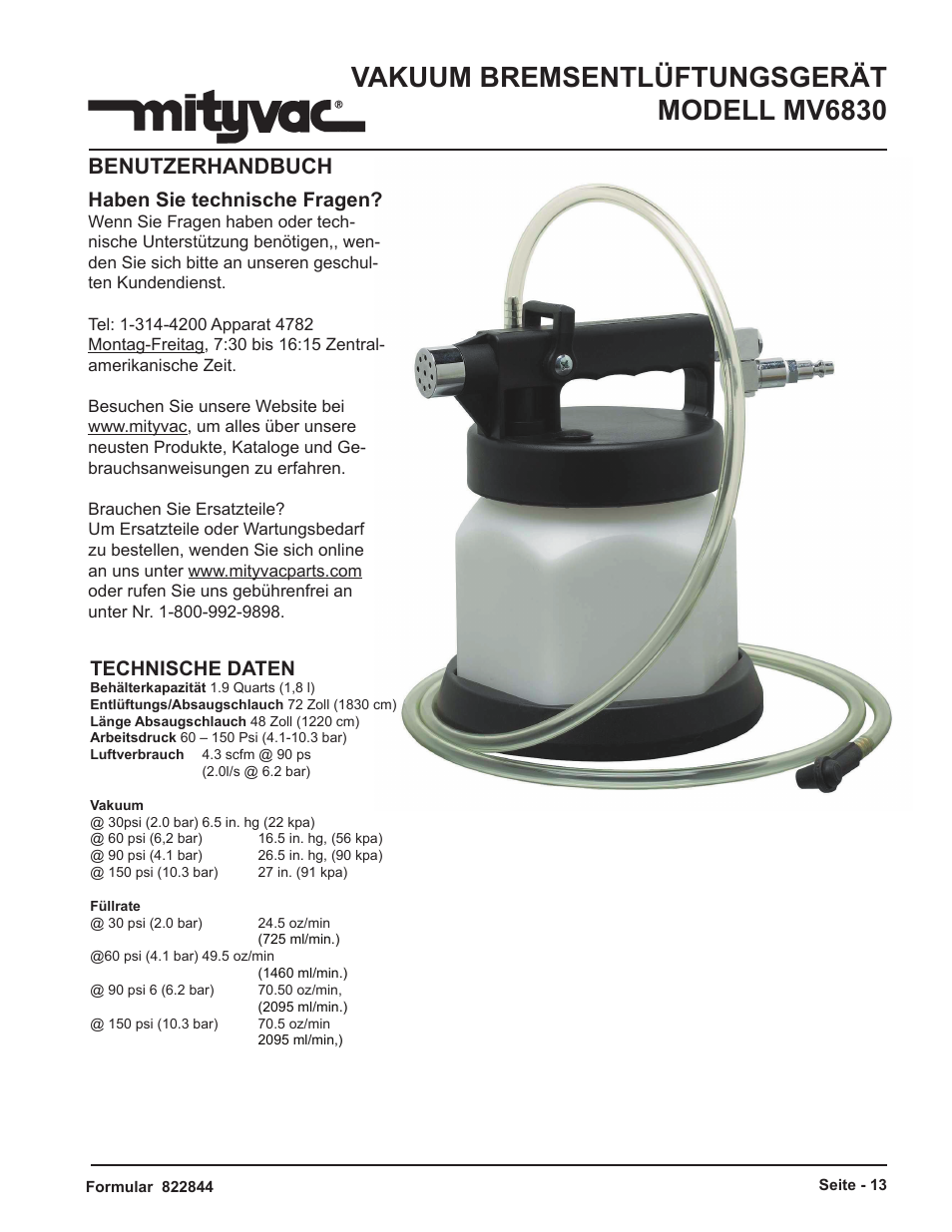 Vakuum bremsentlüftungsgerät modell mv6830, Benutzerhandbuch, Haben sie technische fragen | Technische daten | Mityvac MV6830 VACUUM BRAKE BLEEDER User Manual | Page 13 / 24