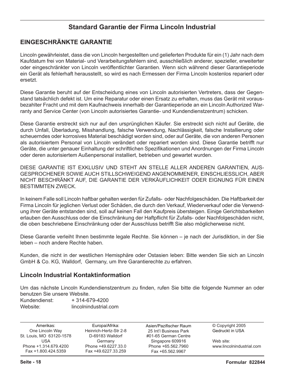 Standard garantie der firma lincoln industrial, Eingeschränkte garantie, Lincoln industrial kontaktinformation | Mityvac MV6830 VACUUM BRAKE BLEEDER User Manual | Page 18 / 24