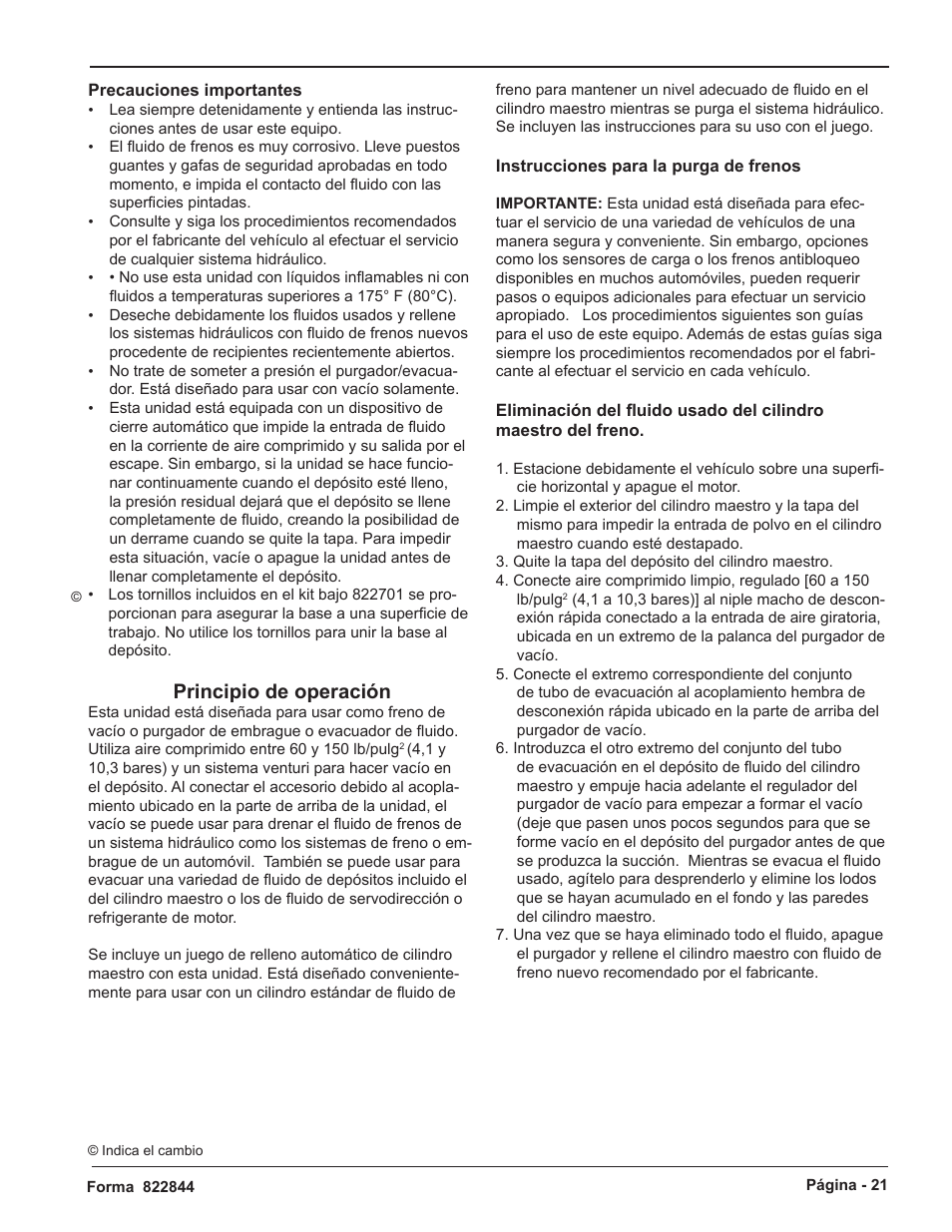 Principio de operación | Mityvac MV6830 VACUUM BRAKE BLEEDER User Manual | Page 21 / 24