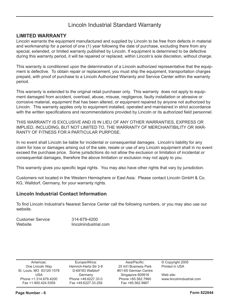 Lincoln industrial standard warranty, Limited warranty, Lincoln industrial contact information | Mityvac MV6830 VACUUM BRAKE BLEEDER User Manual | Page 6 / 24