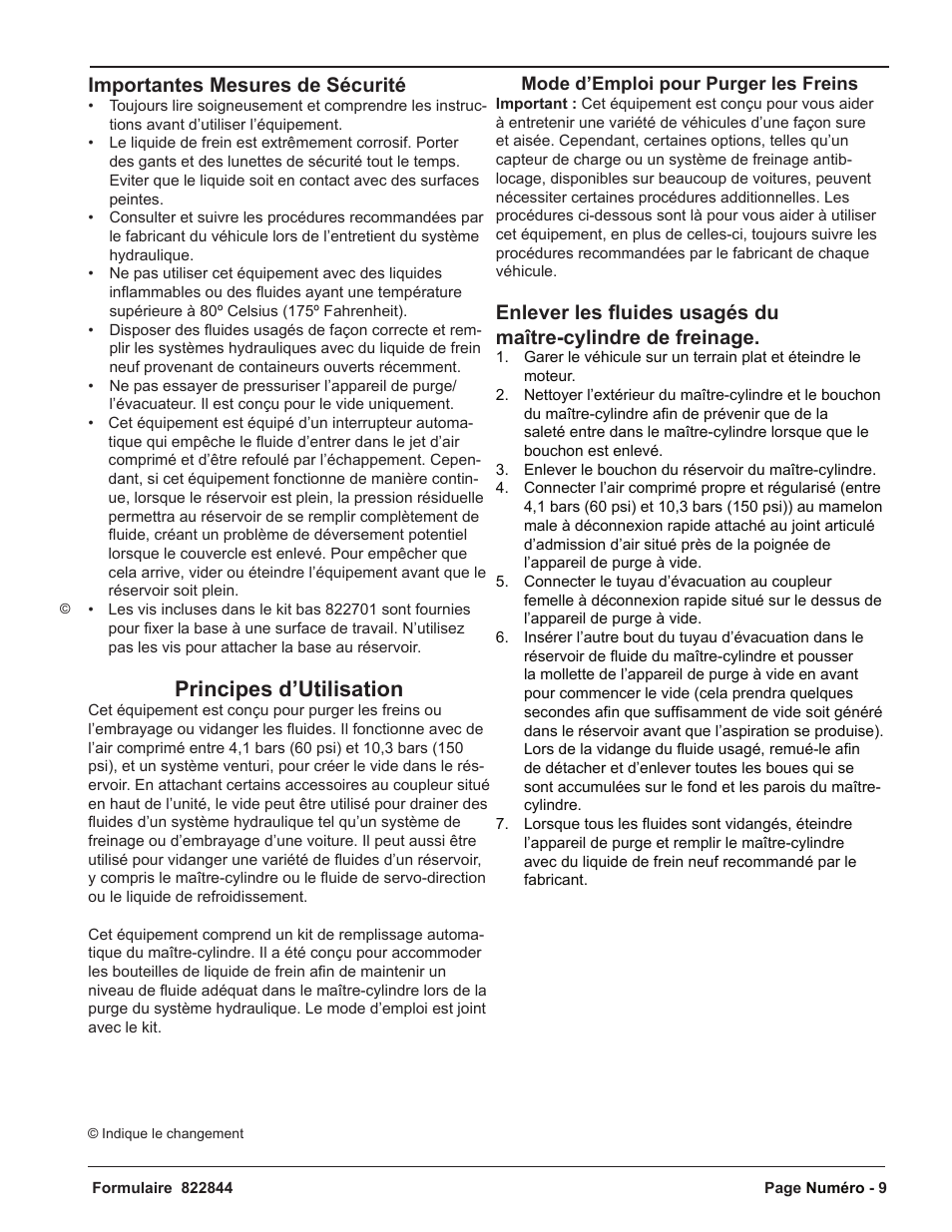 Principes d’utilisation, Importantes mesures de sécurité | Mityvac MV6830 VACUUM BRAKE BLEEDER User Manual | Page 9 / 24