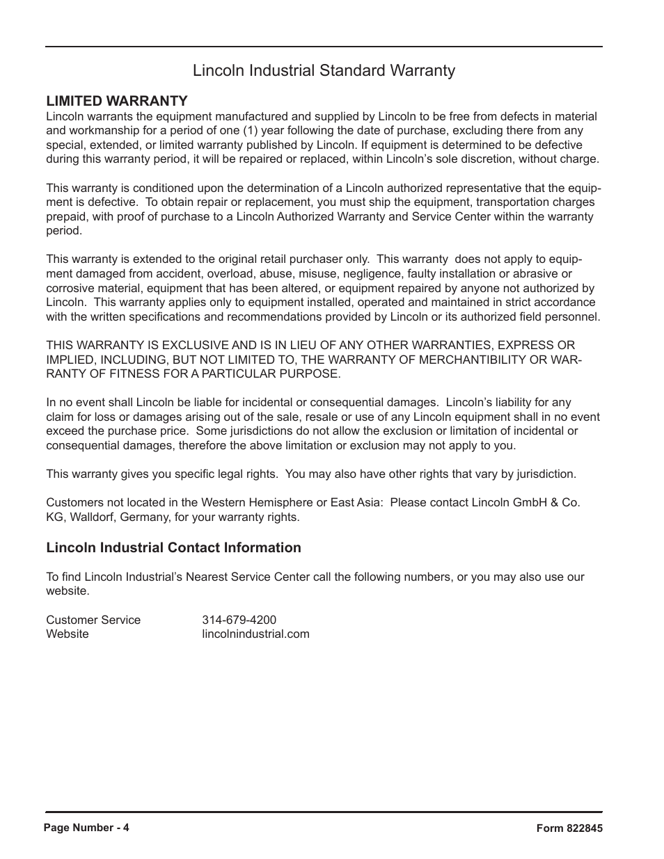 Lincoln industrial standard warranty | Mityvac MV7430 MINI FLUID EVACUATOR User Manual | Page 4 / 16