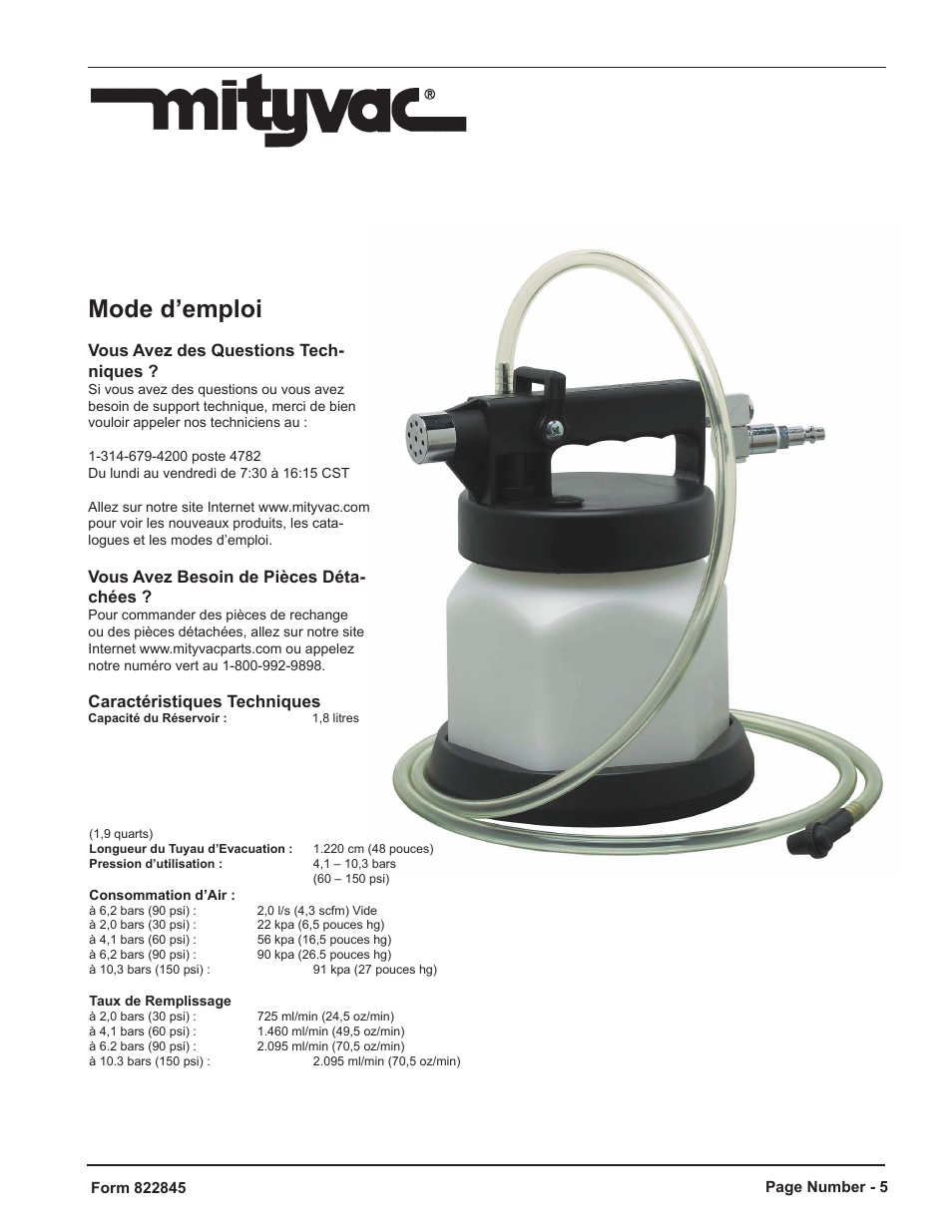 Mode d’emploi, Vous avez des questions tech- niques, Vous avez besoin de pièces déta- chées | Caractéristiques techniques | Mityvac MV7430 MINI FLUID EVACUATOR User Manual | Page 5 / 16