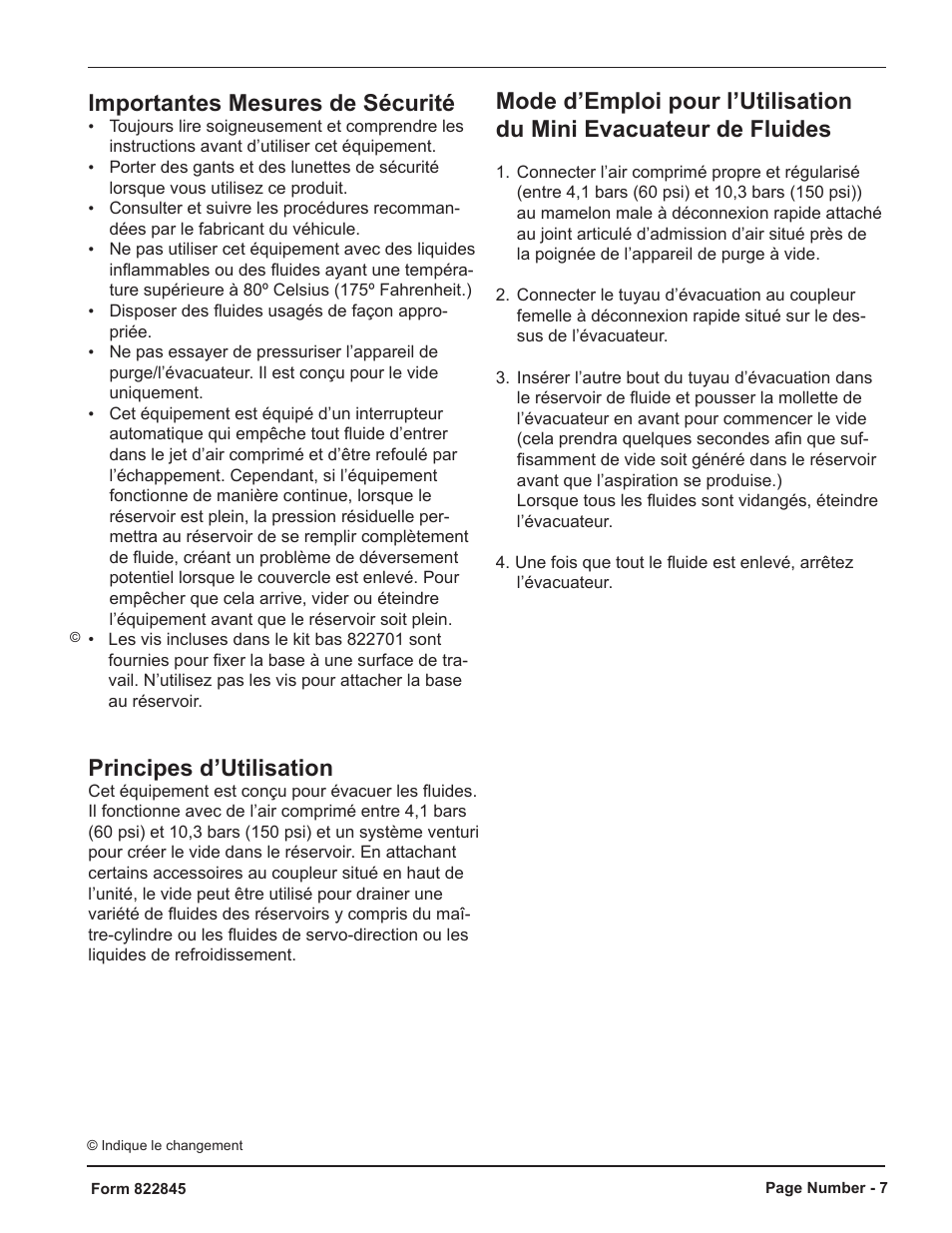 Importantes mesures de sécurité, Principes d’utilisation | Mityvac MV7430 MINI FLUID EVACUATOR User Manual | Page 7 / 16