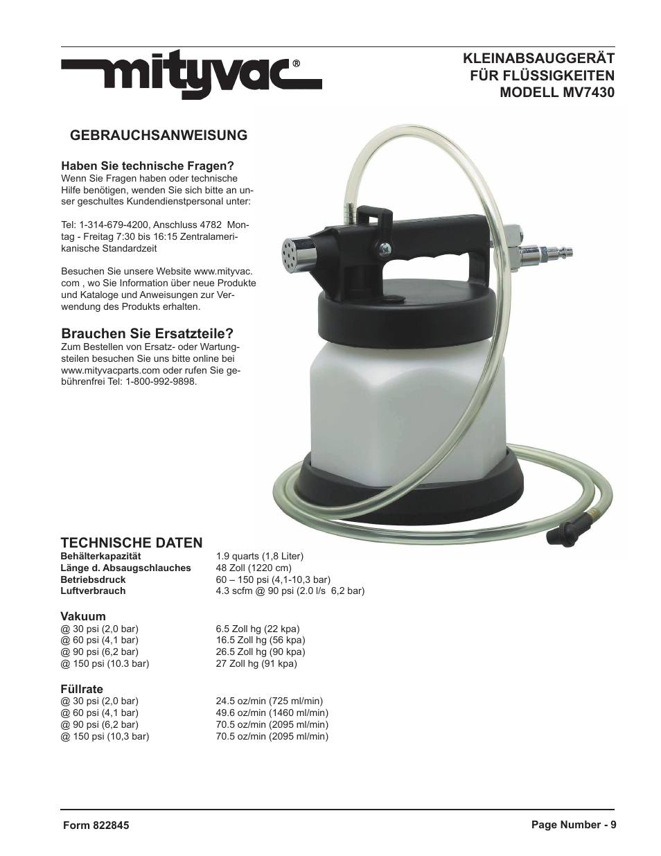 Brauchen sie ersatzteile, Technische daten | Mityvac MV7430 MINI FLUID EVACUATOR User Manual | Page 9 / 16