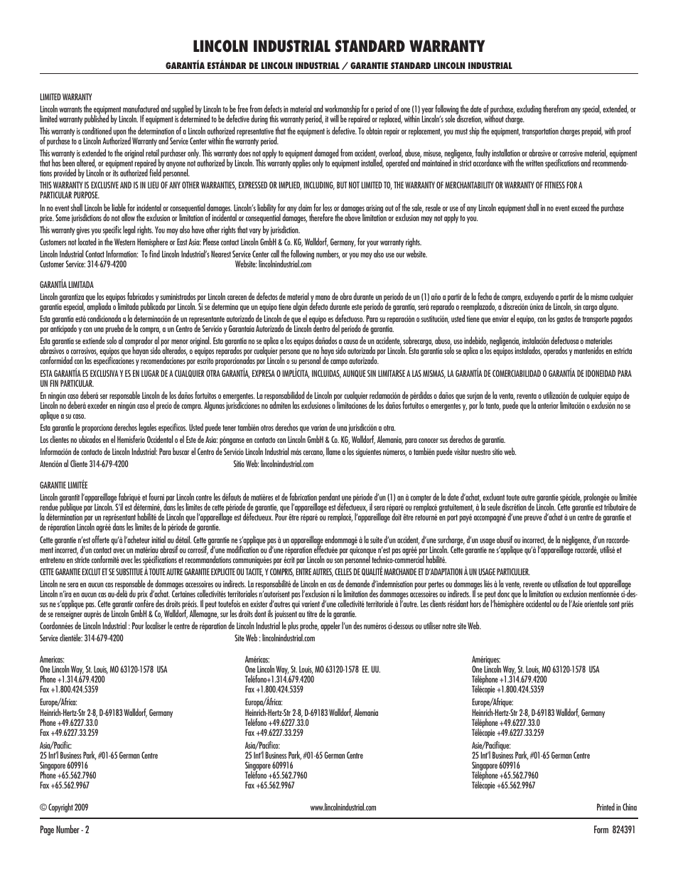 Lincoln industrial standard warranty | Mityvac MV8030 Selectline vacuum PumP User Manual | Page 2 / 2