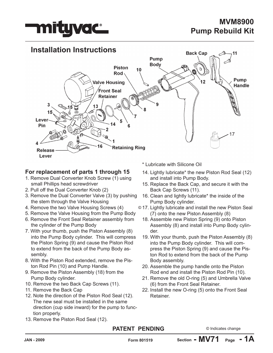 Mityvac MVM8900 Pump Rebuild Kit User Manual | 2 pages