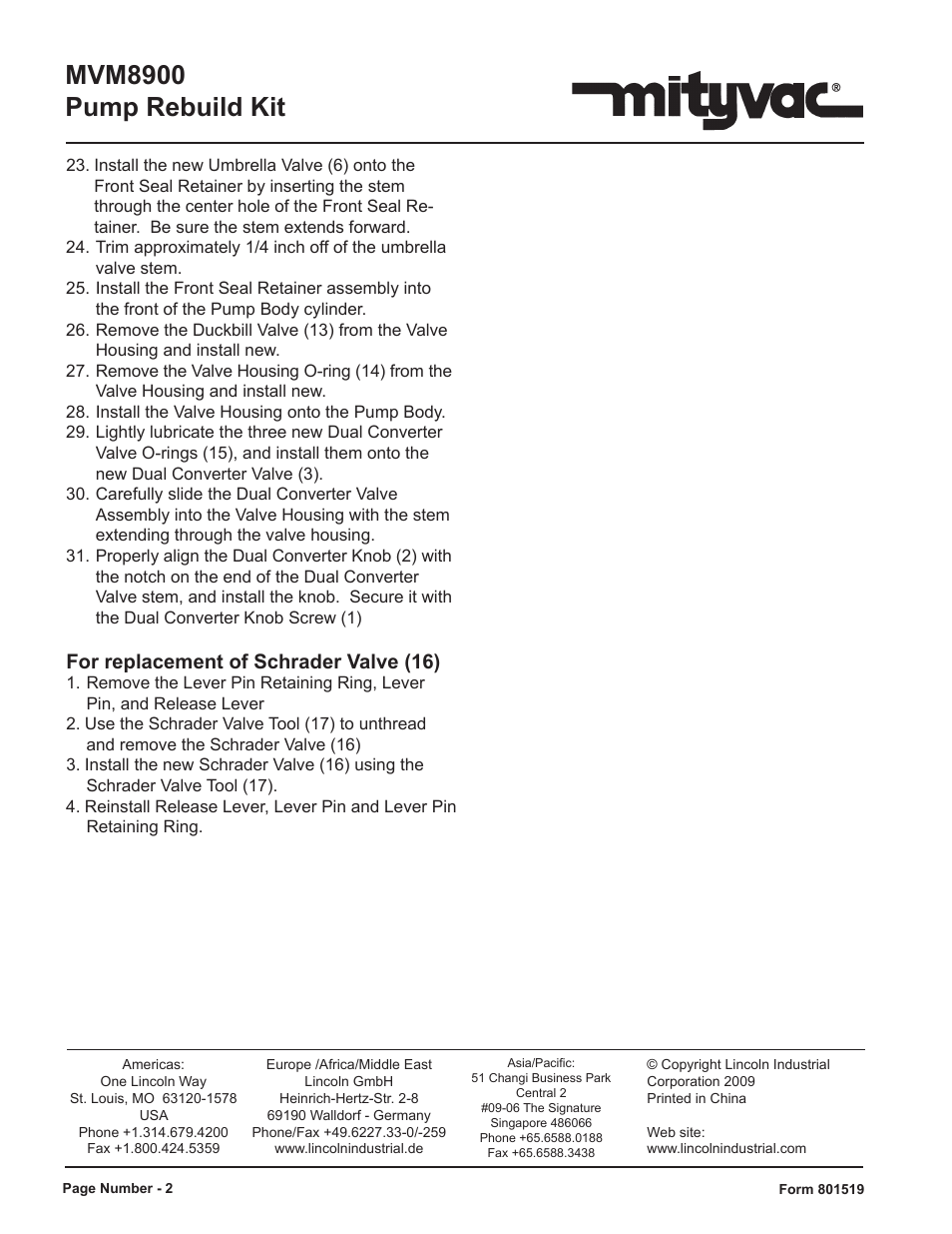 Mvm8900 pump rebuild kit, For replacement of schrader valve (16) | Mityvac MVM8900 Pump Rebuild Kit User Manual | Page 2 / 2