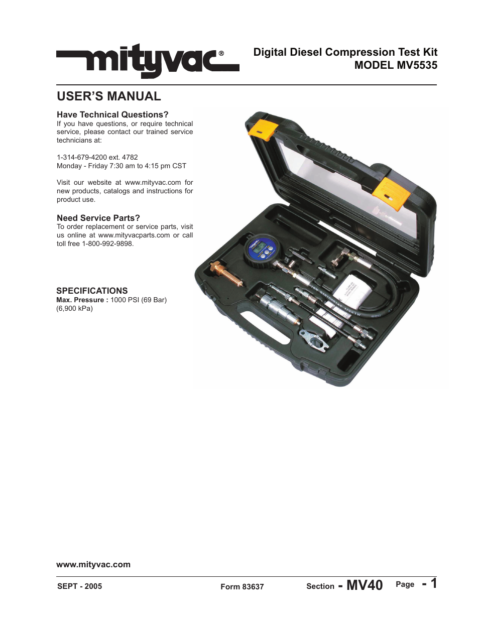 Mityvac MV5535 Digital Diesel Compression Test Kit User Manual | 28 pages