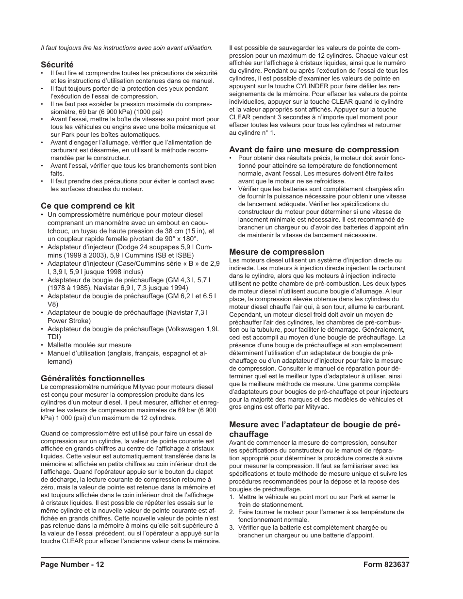 Sécurité, Ce que comprend ce kit, Généralités fonctionnelles | Avant de faire une mesure de compression, Mesure de compression | Mityvac MV5535 Digital Diesel Compression Test Kit User Manual | Page 12 / 28