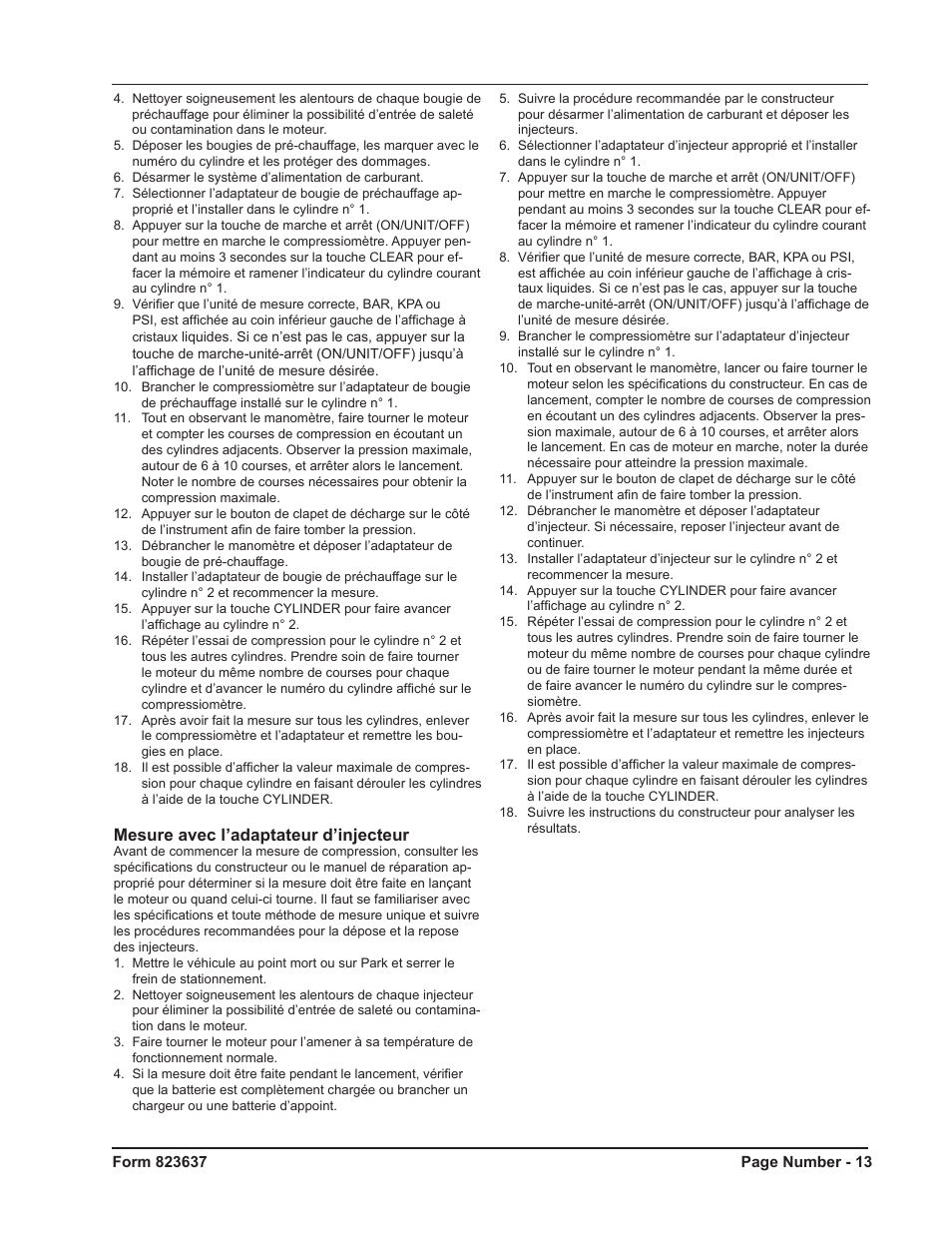 Mesure avec l’adaptateur d’injecteur | Mityvac MV5535 Digital Diesel Compression Test Kit User Manual | Page 13 / 28
