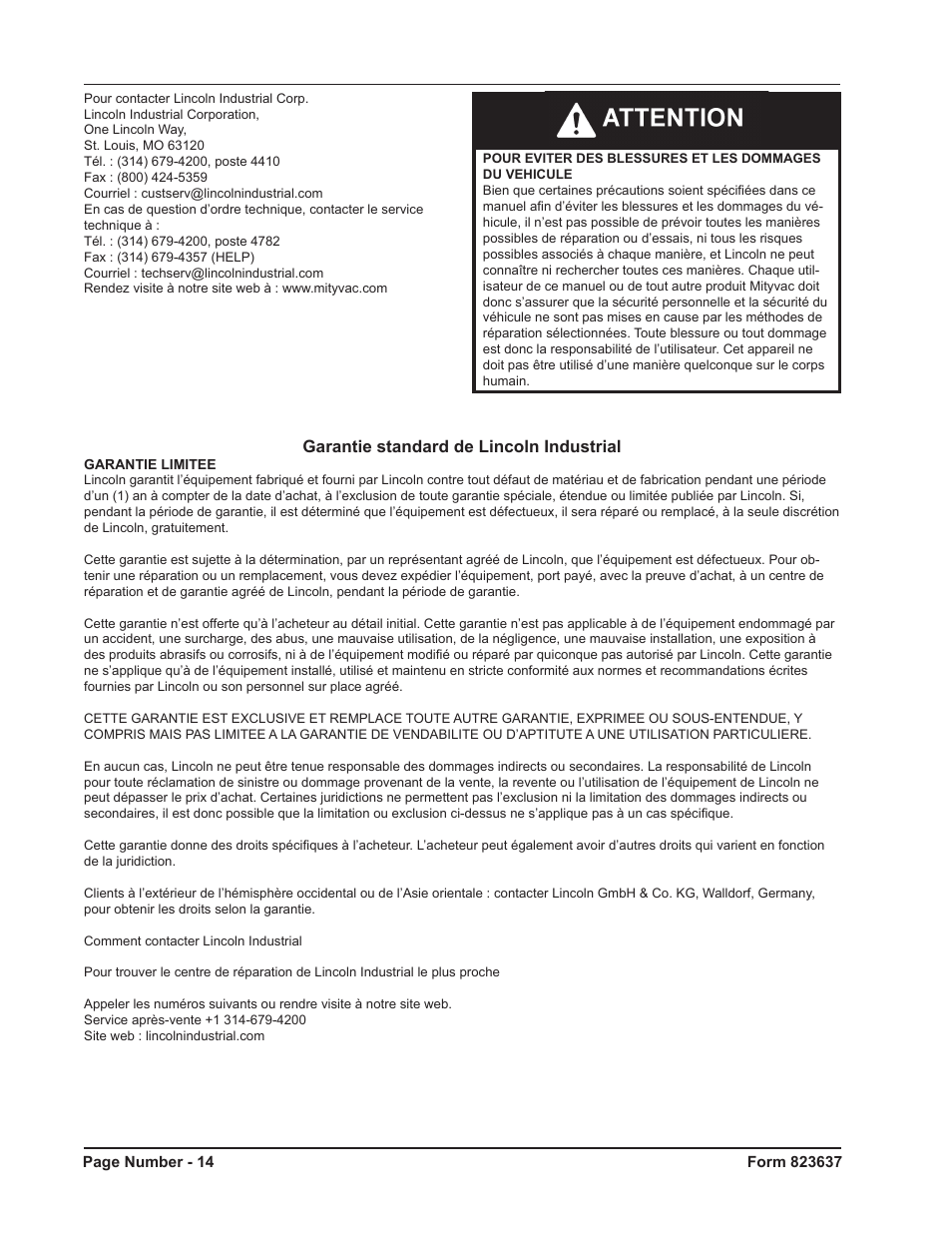 Garantie standard de lincoln industrial | Mityvac MV5535 Digital Diesel Compression Test Kit User Manual | Page 14 / 28