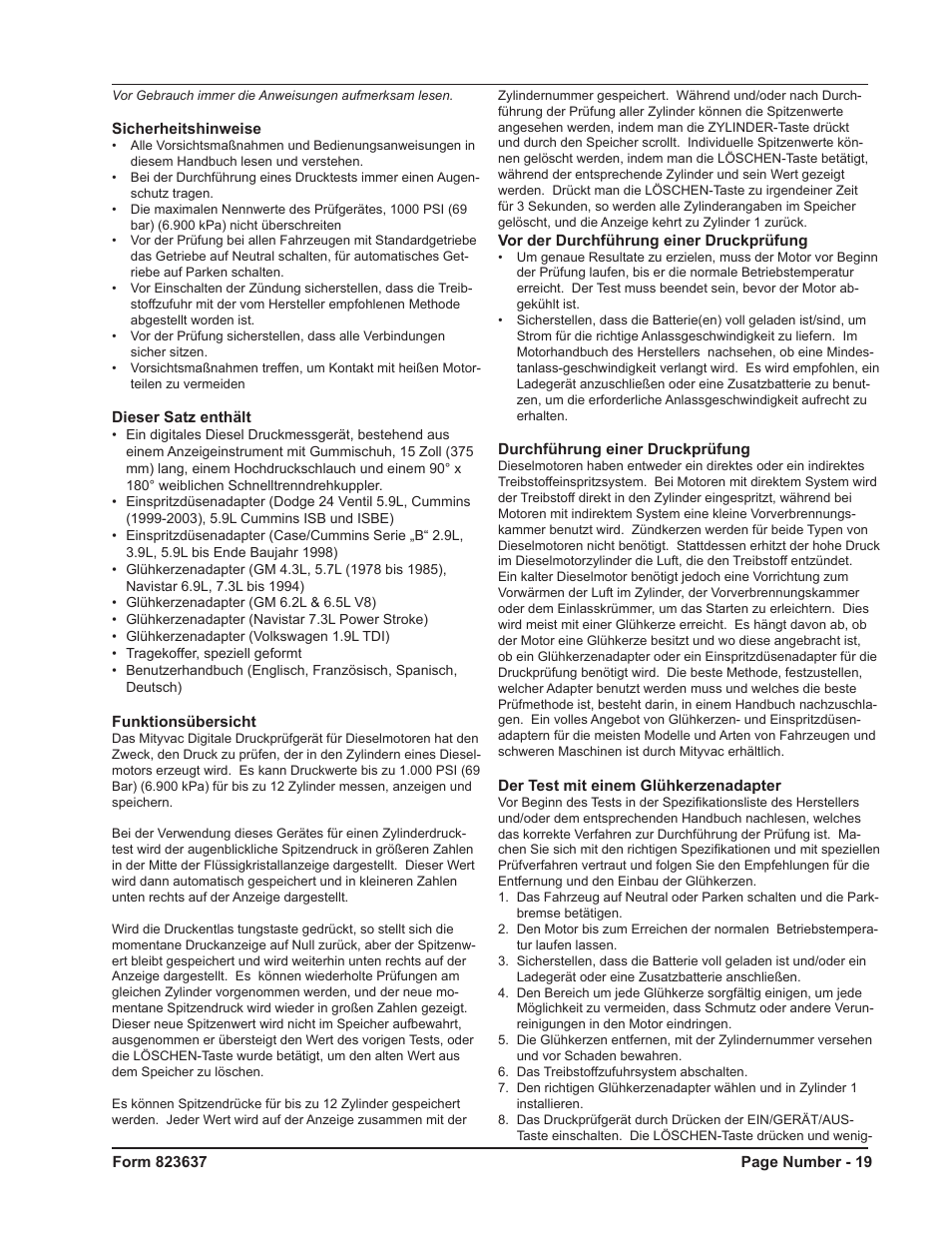 Mityvac MV5535 Digital Diesel Compression Test Kit User Manual | Page 19 / 28