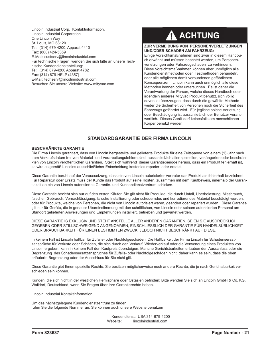 Standardgarantie der firma lincoln | Mityvac MV5535 Digital Diesel Compression Test Kit User Manual | Page 21 / 28