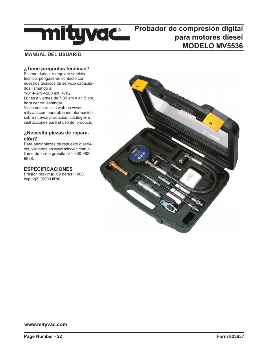 Mityvac MV5535 Digital Diesel Compression Test Kit User Manual | Page 22 / 28
