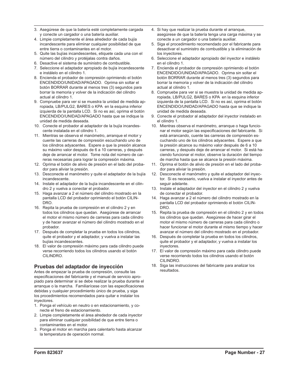 Pruebas del adaptador de inyección | Mityvac MV5535 Digital Diesel Compression Test Kit User Manual | Page 27 / 28