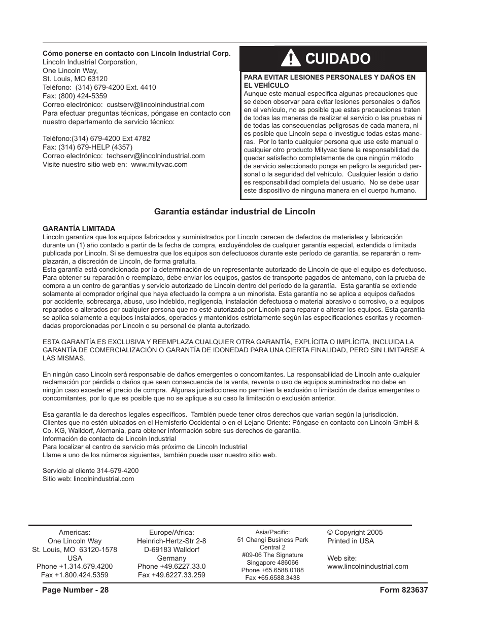 Garantía estándar industrial de lincoln | Mityvac MV5535 Digital Diesel Compression Test Kit User Manual | Page 28 / 28