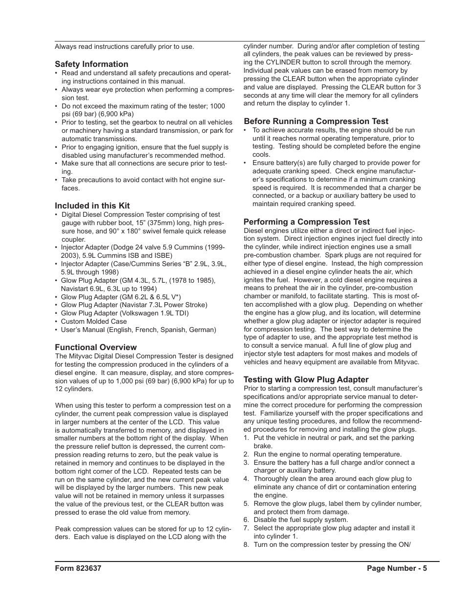 Mityvac MV5535 Digital Diesel Compression Test Kit User Manual | Page 5 / 28