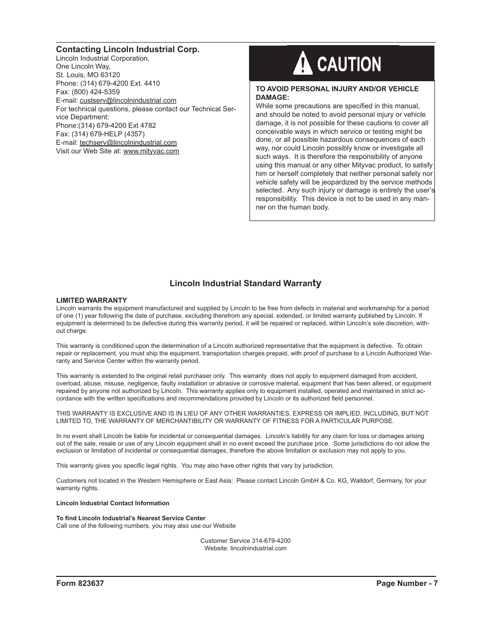 Contacting lincoln industrial corp, Lincoln industrial standard warran | Mityvac MV5535 Digital Diesel Compression Test Kit User Manual | Page 7 / 28