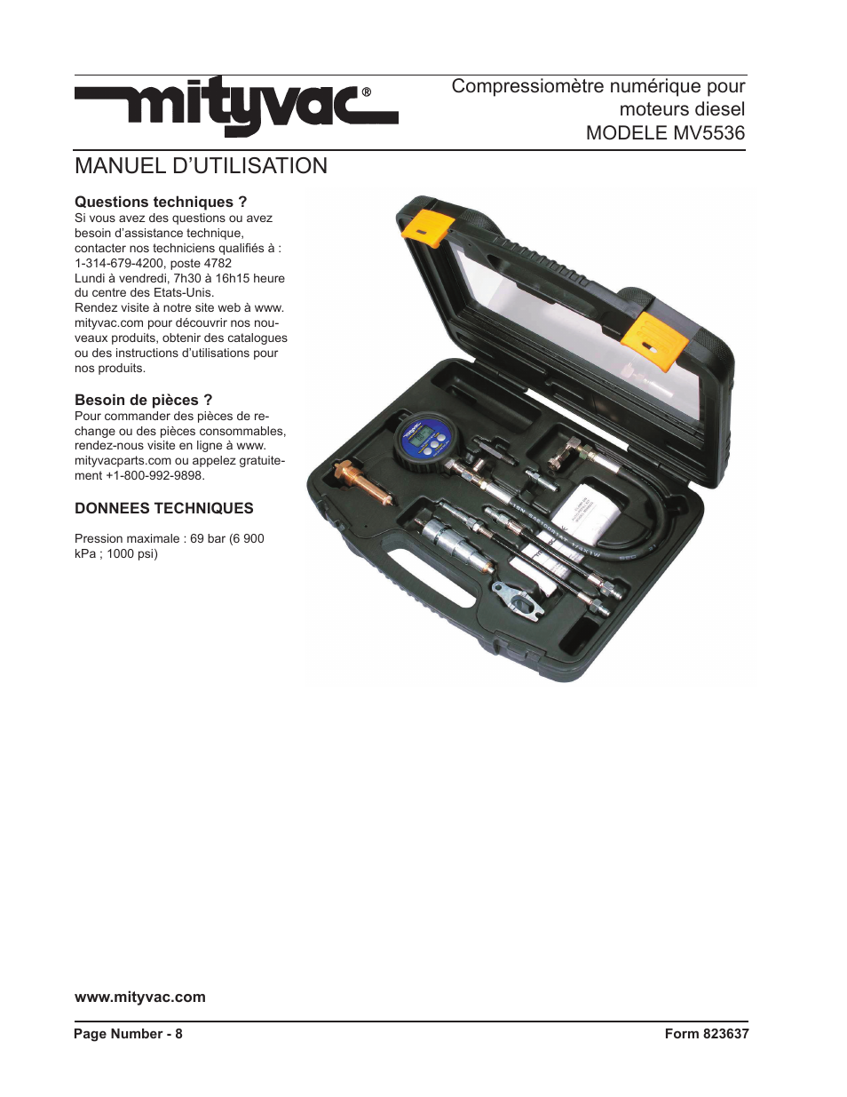 Manuel d’utilisation | Mityvac MV5535 Digital Diesel Compression Test Kit User Manual | Page 8 / 28
