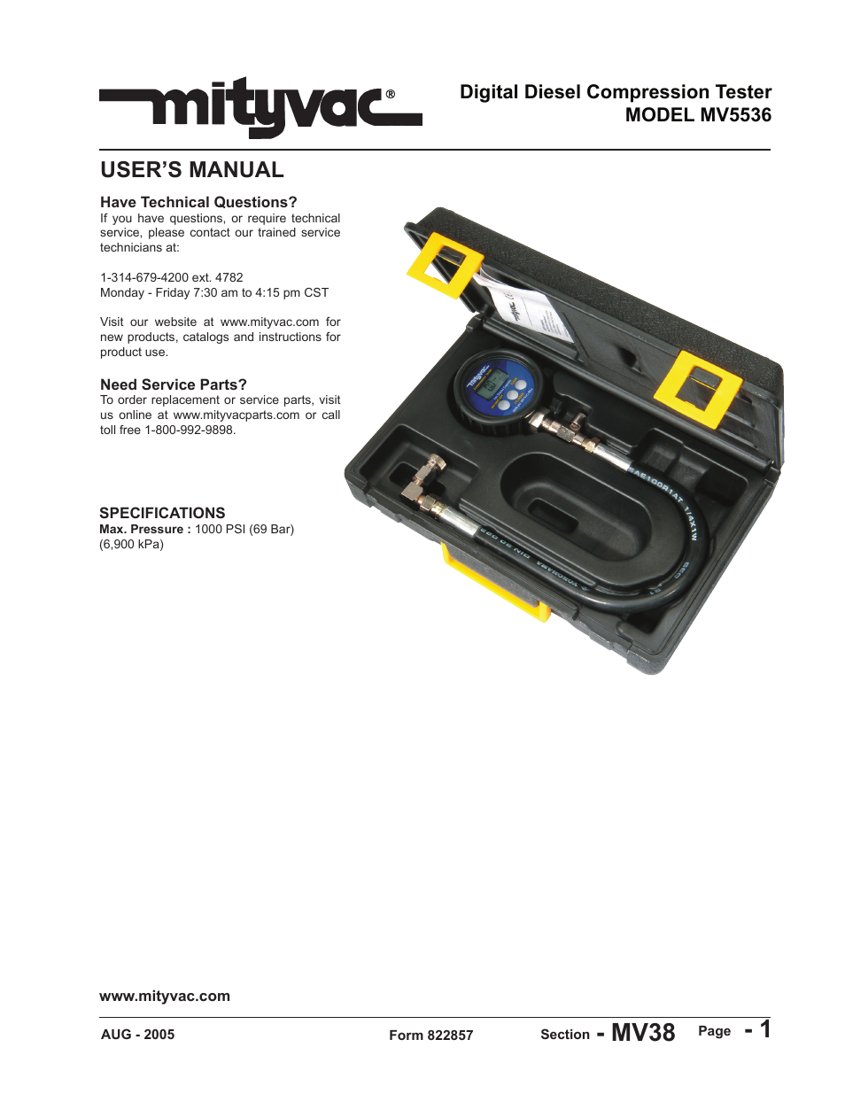 Mityvac MV5536 Digital Diesel Compression Tester User Manual | 24 pages