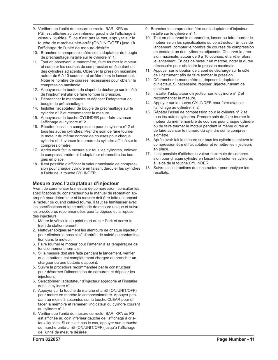 Mesure avec l’adaptateur d’injecteur | Mityvac MV5536 Digital Diesel Compression Tester User Manual | Page 11 / 24