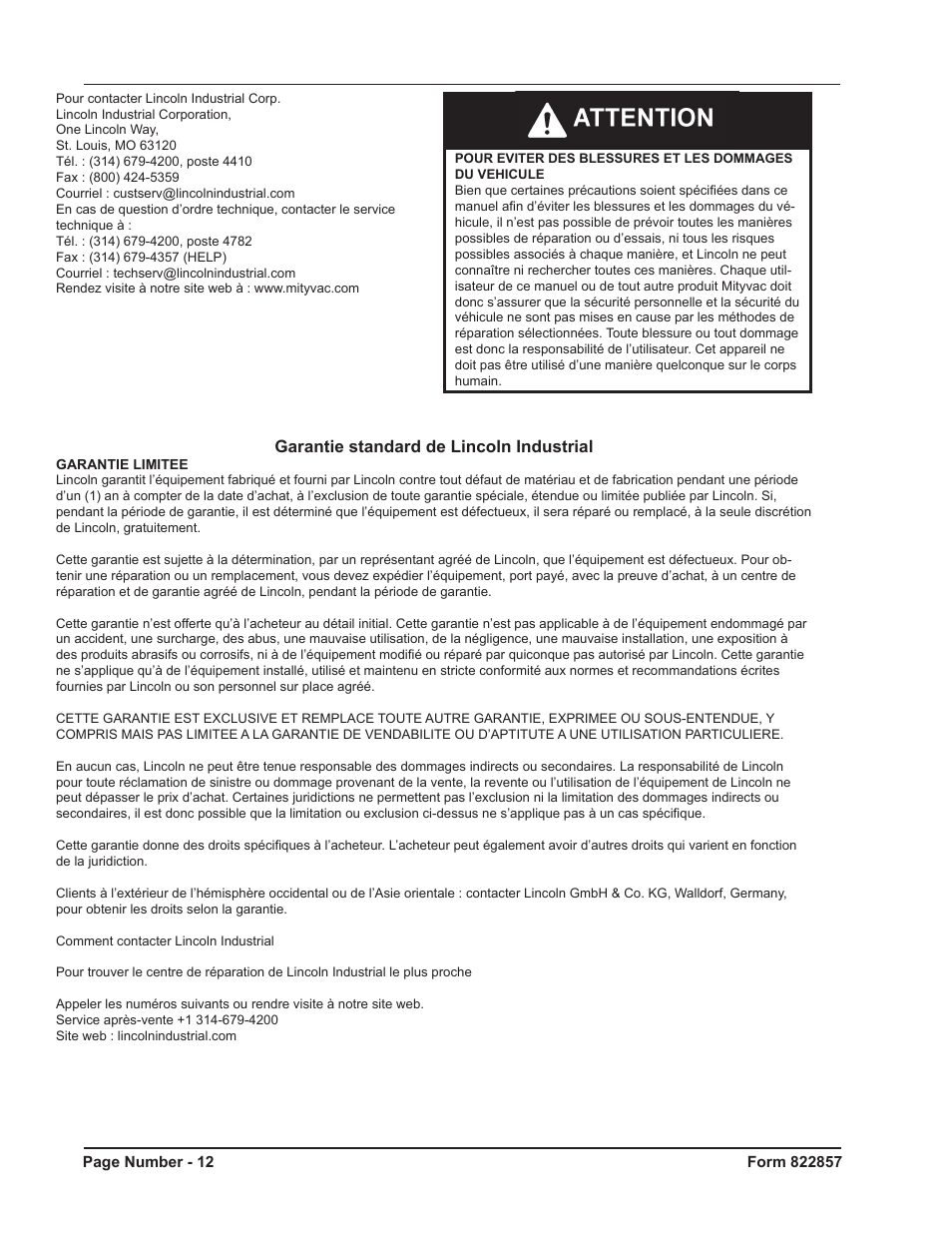 Garantie standard de lincoln industrial | Mityvac MV5536 Digital Diesel Compression Tester User Manual | Page 12 / 24