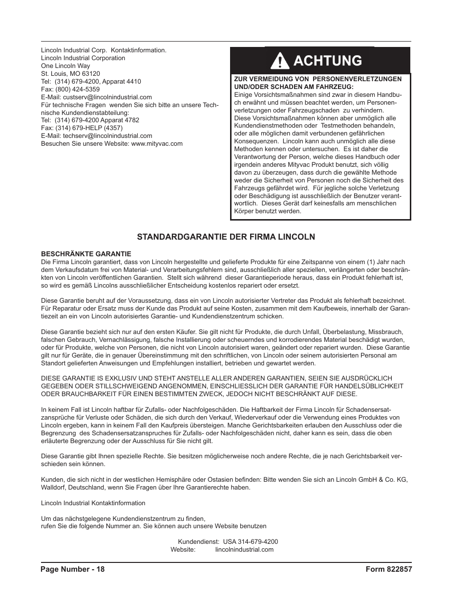 Standardgarantie der firma lincoln | Mityvac MV5536 Digital Diesel Compression Tester User Manual | Page 18 / 24