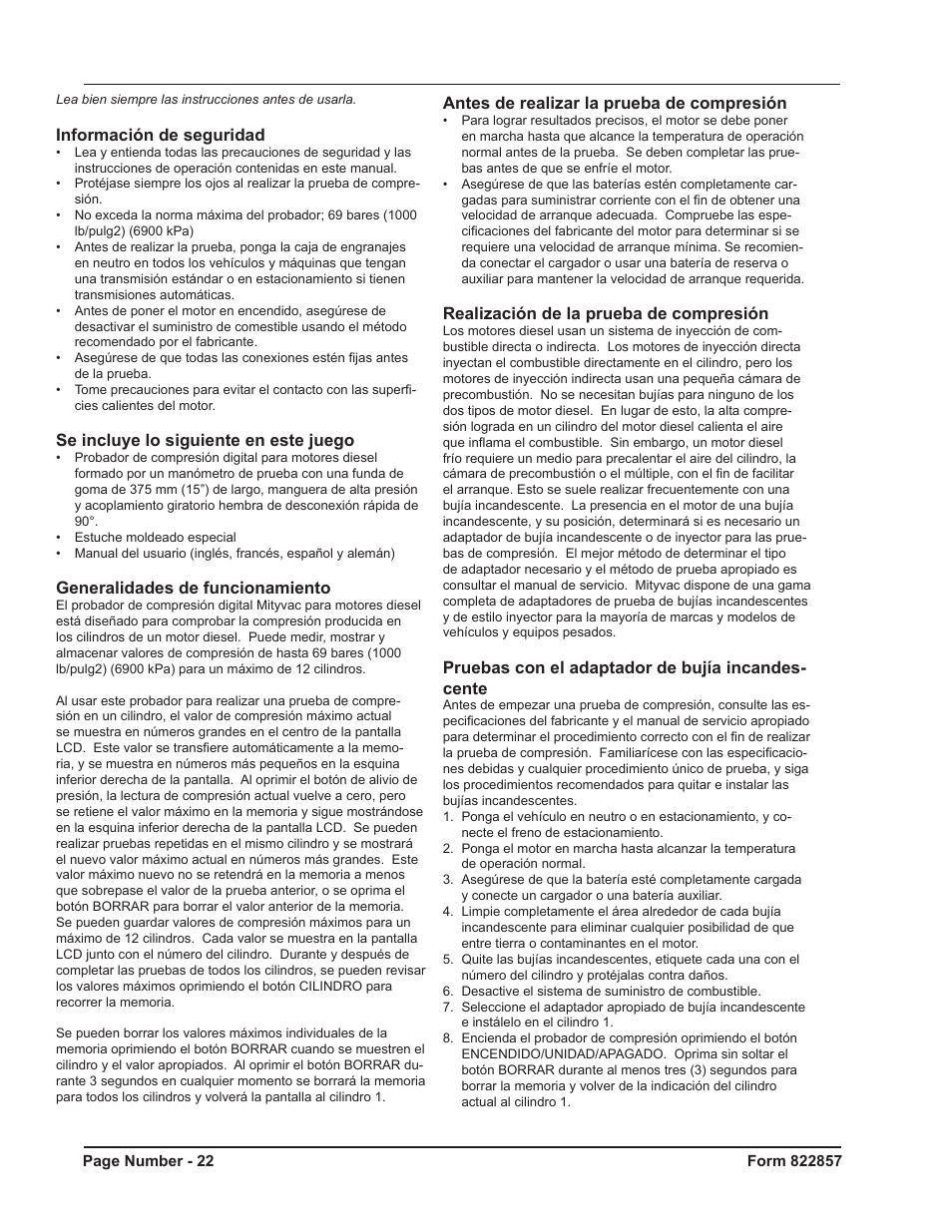 Información de seguridad, Se incluye lo siguiente en este juego, Generalidades de funcionamiento | Antes de realizar la prueba de compresión, Realización de la prueba de compresión, Pruebas con el adaptador de bujía incandes- cente | Mityvac MV5536 Digital Diesel Compression Tester User Manual | Page 22 / 24