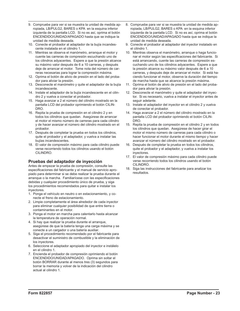 Pruebas del adaptador de inyección | Mityvac MV5536 Digital Diesel Compression Tester User Manual | Page 23 / 24