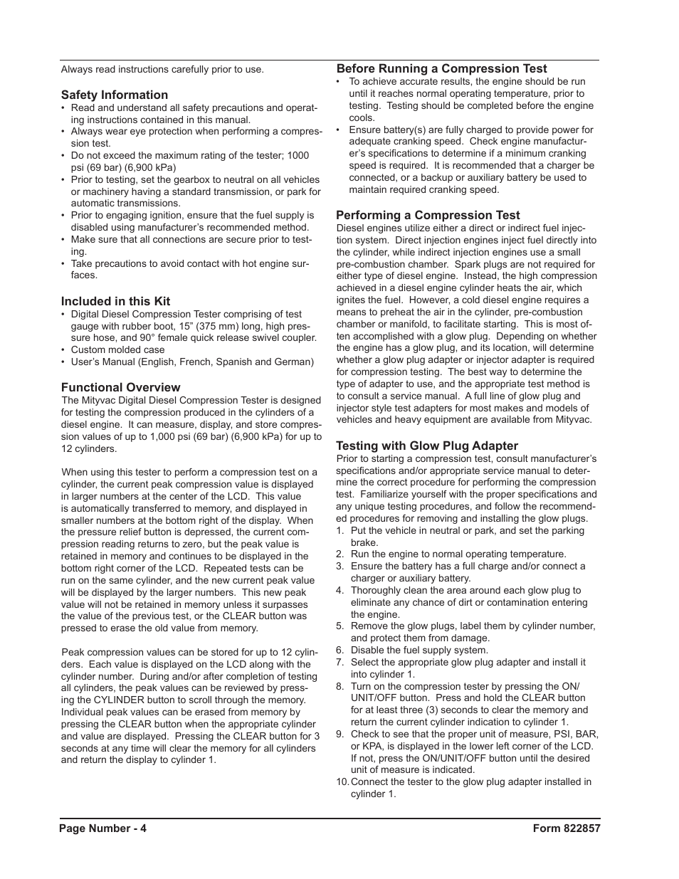 Mityvac MV5536 Digital Diesel Compression Tester User Manual | Page 4 / 24