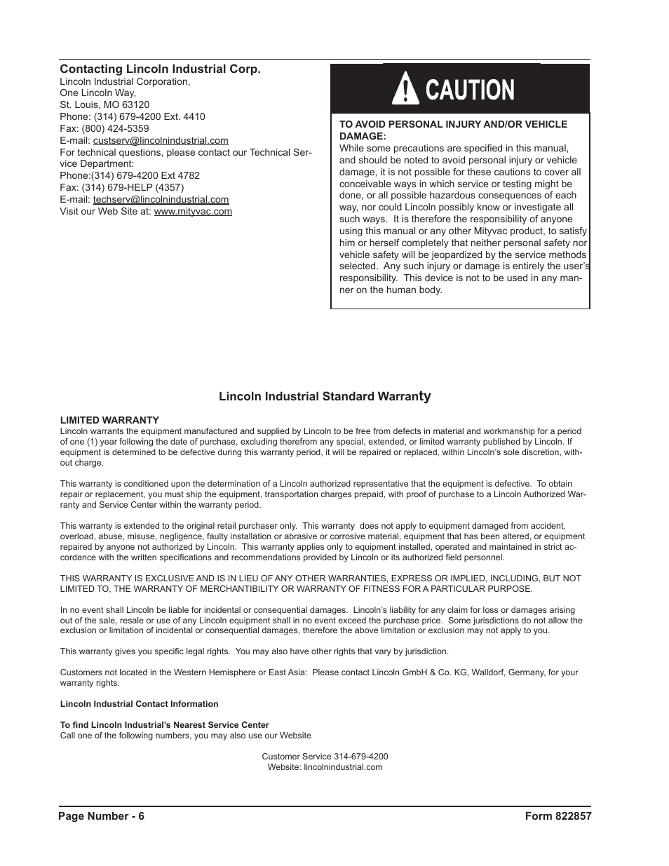 Contacting lincoln industrial corp, Lincoln industrial standard warran | Mityvac MV5536 Digital Diesel Compression Tester User Manual | Page 6 / 24