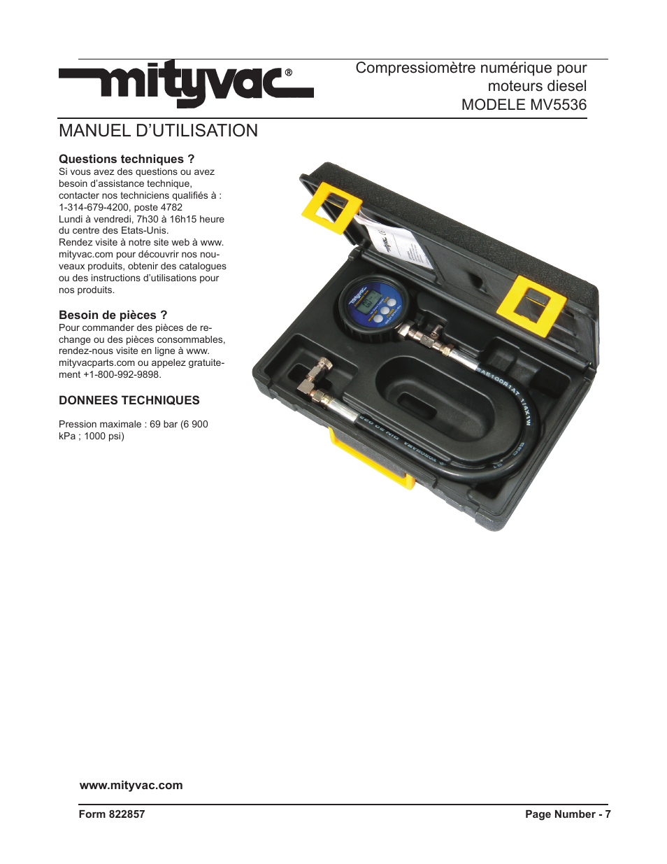 Manuel d’utilisation | Mityvac MV5536 Digital Diesel Compression Tester User Manual | Page 7 / 24