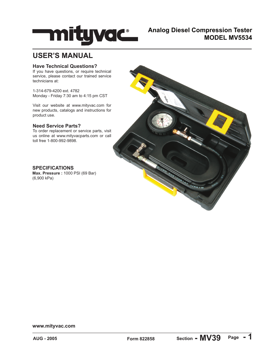Mityvac MV5534 Analog Diesel Compression Tester User Manual | 20 pages