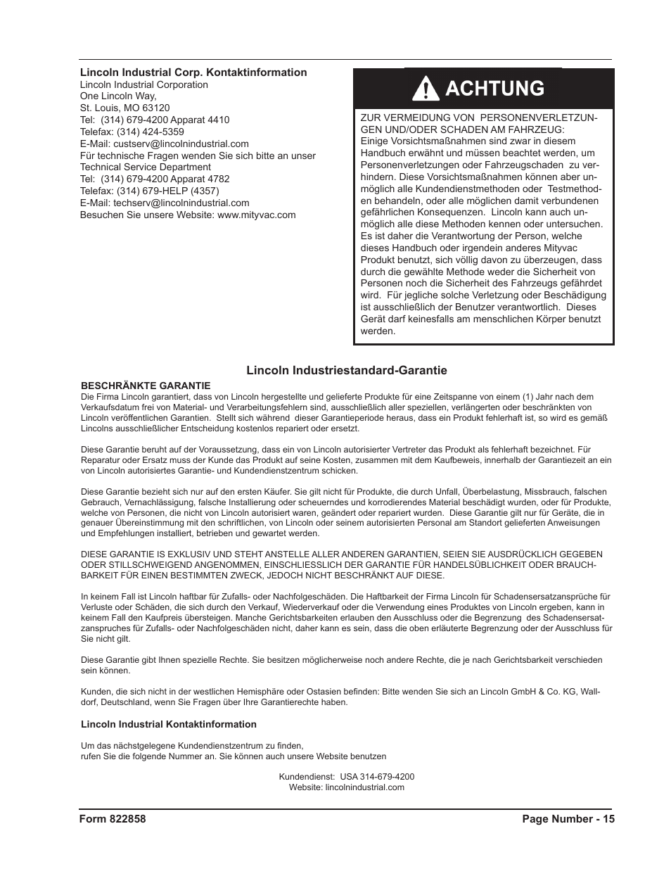 Lincoln industriestandard-garantie | Mityvac MV5534 Analog Diesel Compression Tester User Manual | Page 15 / 20